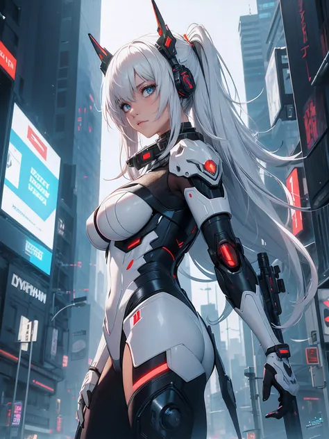 1girl, a beautiful girl cyborg cyberpunk with a cyberpunk city tall buildings, white hair, white and orange and black machine suit color combination, the body full of machine, realistic futuristic hologram, asian skin tone, beautiful eye, beautiful asian f...