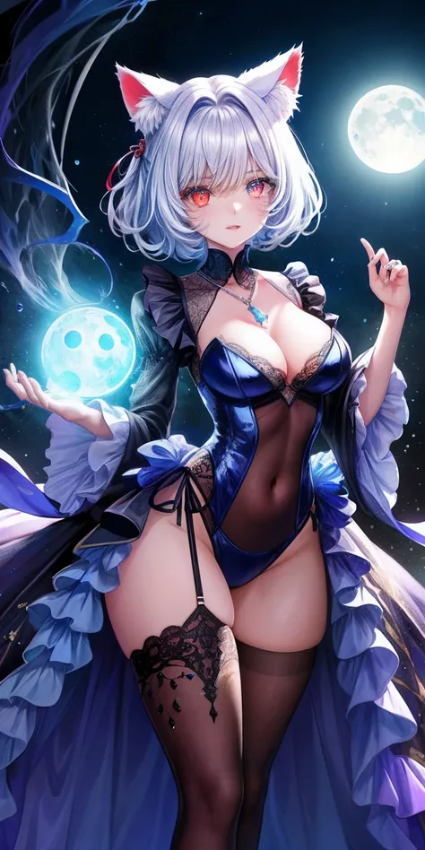 tmasterpiece，Best quality at best，ultra - detailed，illustratio，（1girl），美丽细致的眼睛，looking at viewert，closeup cleavage，（breasts focus），with short white hair，is shy，Cat ears，（（Glowing blue necklace）），Moon background，（Blue-red eyes），Thick lip，（（Heterochromia）），s...