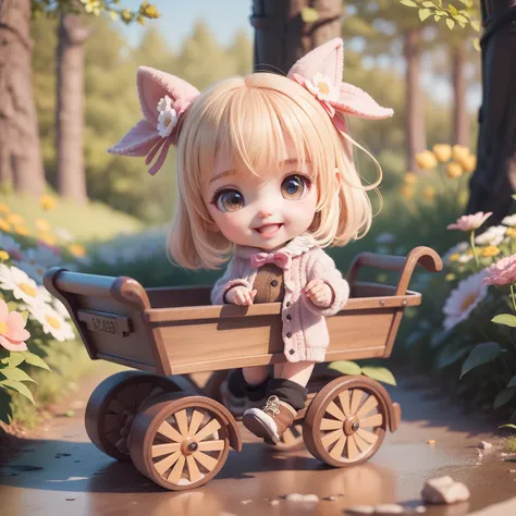 Cute Baby Chibi Anime、(((chibi3d))) (best quality), (masterpiece)、Beige(Sidetail hair:1.2) 、Knitted flower hair、Pink high-necked fluffy knit、Tux Cart、Laced boots、Flower garden in the fairy tale forest、Chibi Model、Open your mouth and smile。