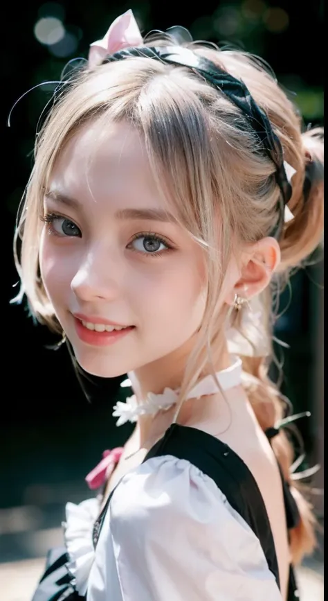 (ultra-detailliert), Frontal Face,head shot, Front view,Cute princess dresses in black color,(frilly dress),(shortsleeves),Blue eyes,The upper part of the body、cowboy  shot、faces、(A smile:1.5),(facing front:1.2), 20yr old, teens girl,no tail,(no tail),2D, ...