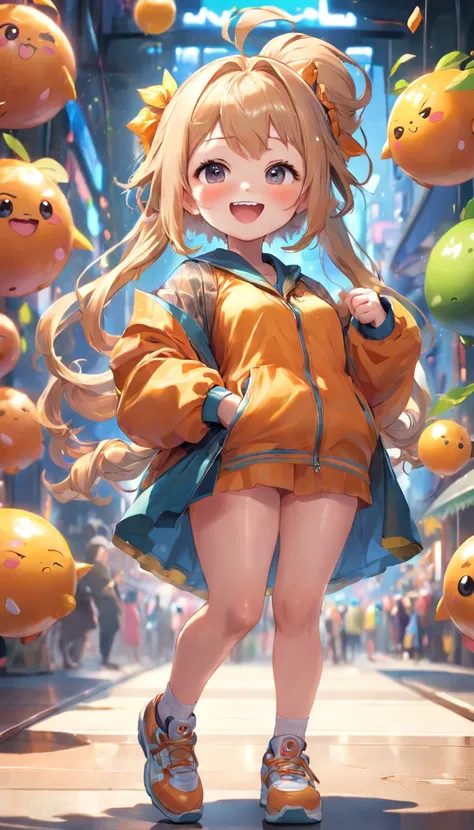 (Full body posing:1.5), (colorful:1.2), (extremely detailed CG unity 16k wallpaper:1.1), (Denoising strength: 1.45), (tmasterpiece:1.37), There was a cute girl playing with a big cute fruit, The image of a chubby Q bomb, Stylish hairstyle, sleek outfit, lo...