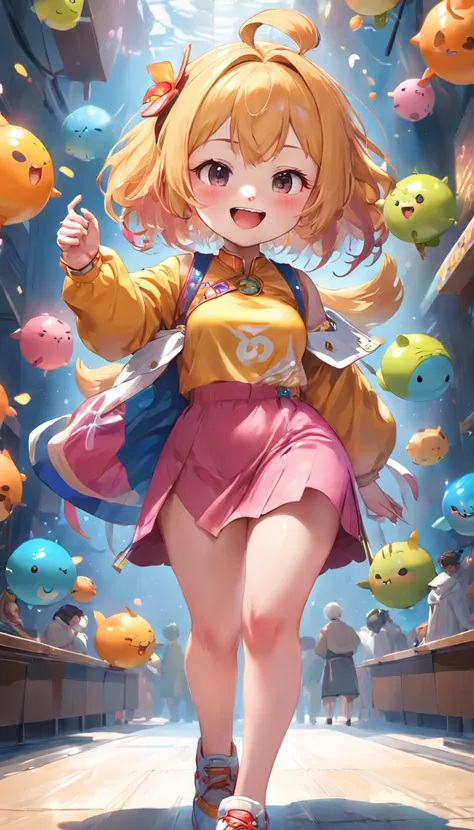 (Full body posing:1.5), (colorful:1.2), (extremely detailed CG unity 16k wallpaper:1.1), (Denoising strength: 1.45), (tmasterpiece:1.37), There was a cute girl playing with a big cute fruit, The image of a chubby Q bomb, Stylish hairstyle, sleek outfit, lo...