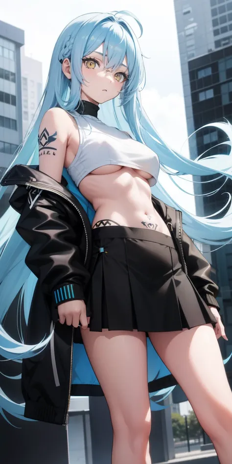 light blue hair, long hair, yellow eyes, twin, black sweater, black short skirt, big boobs, small tattoo, black sport shoes, black long stocking, building, looking at camera, close up camera