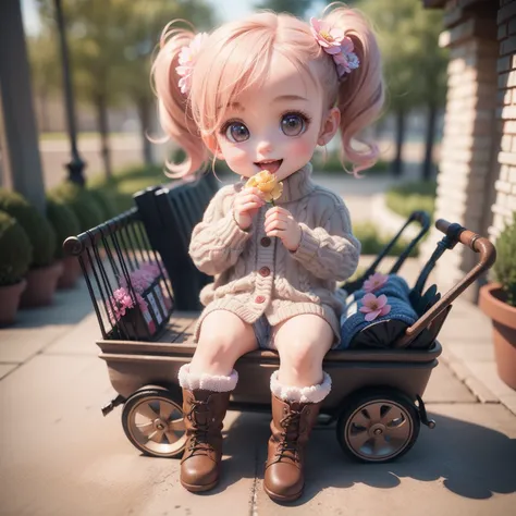 Cute Baby Chibi Anime、(((Chibi 3D))) (Best Quality), (masutepiece)、Beige braided(side ponytail:1.3) 、Knitted flower hair、Pink high neck fluffy knitwear、Tux Cart、Laced boots、Flower garden in fairytale forest、Chibi Model、Open your mouth and smile