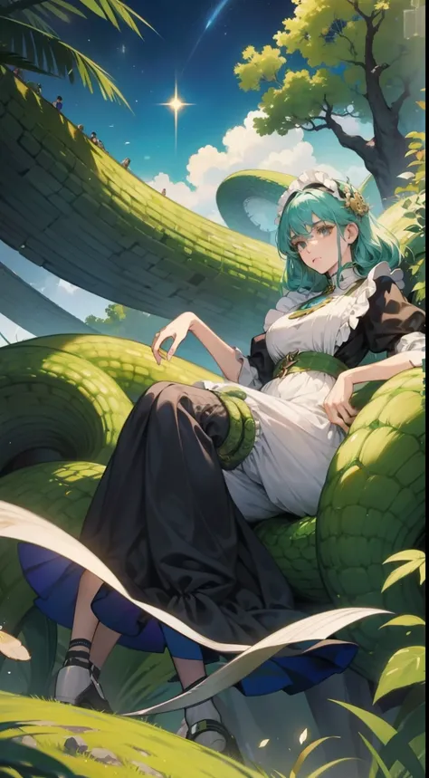 Thomas Crane, Kate Greenaway , Anne Anderson Anime　surreal　wondrous　strange　Whimsical　Sci-Fi Fantasy　Beautiful girl in maid clothes　Samsama Serpent　Apple tree Large breasts large ass hyperrealistic hyperdetailed high resolution high quality high definition...