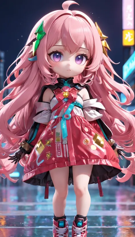 (Full body posing:1.5), (colorful:1.2), (extremely detailed CG unity 16k wallpaper:1.1), (Denoising strength: 1.45), (tmasterpiece:1.37), Loli chibi style doll, She must have long curly hair in Christmas tones. Your eyes should be big and bright, 3d toy, c...