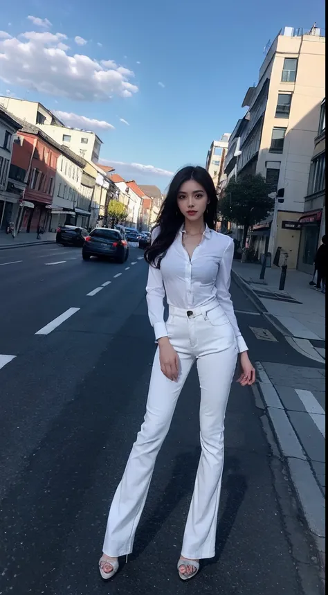 Sexy woman，Beautiful and moving big eyes，In the middle of the street，tight fit clothes，wearing long pants，frontage，Three buttoned heels at the cuffs，with blue sky and white clouds，