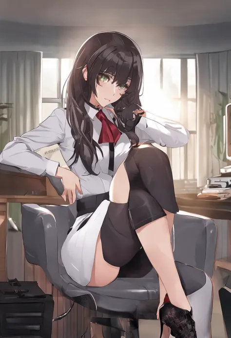 8k smooth，(Wear pantyhose)，in a white shirt、Business suit，tear-mole，long hair with maroon、Fresh green eyes、black eyeshadows、Red lip makeup，sit on chair，background is office，（Normal hands and legs），A very sexy Chinese girl。