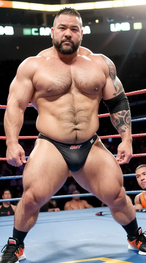 solo person，male people，Muscle wrestler，musculous，Stout wrestler，jpn，uncle，45-year-old middle-aged man，Short hair，short detailed hair，Wrestling boots，athletic sneakers，Full body like，Panorama Figures，WWE rings，WWE American professional wrestling，spotlight ...