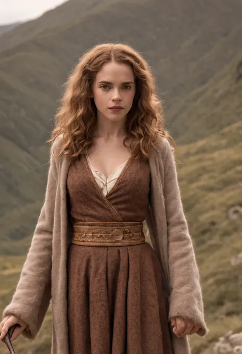 Hermione Granger as a cavewoman dressed in animal skin and holding a club, with Rocky Mountains in the background