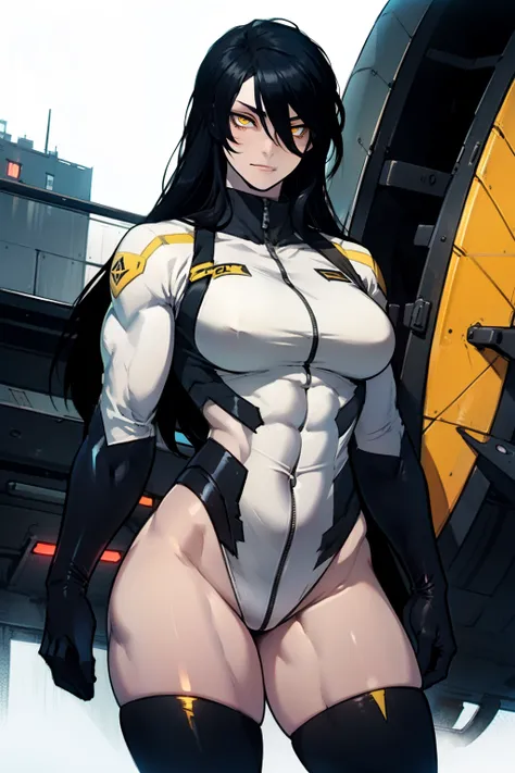 1 girl, black hair, yellow eyes, very long hair, pale skin, ((((extremely muscular)))), large breasts, (confident expression), pilot suit, curvy