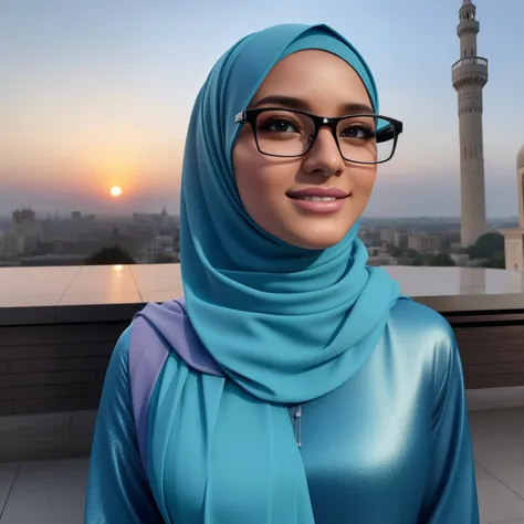 ultra realistic,16k, enhanced quality, perfect face, perfect hands, perfect body, ultra detailed,1girl, perfect hair, girl wearing glasses, perfect glasses, perfect smile, ultra realistic, ultra realistic background, ultra realistic sunset, ultra realistic...