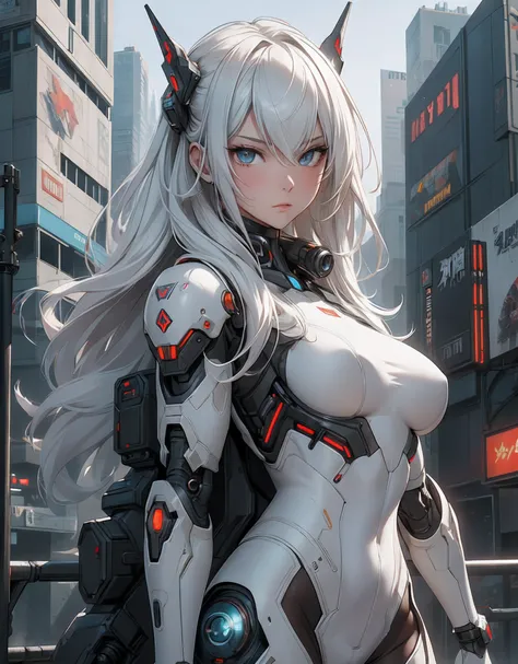 1girl, a beautiful girl cyborg cyberpunk with a cyberpunk city tall buildings, white hair, white and orange and black machine suit color combination, the body full of machine, realistic futuristic hologram, asian skin tone, beautiful eye, beautiful asian f...