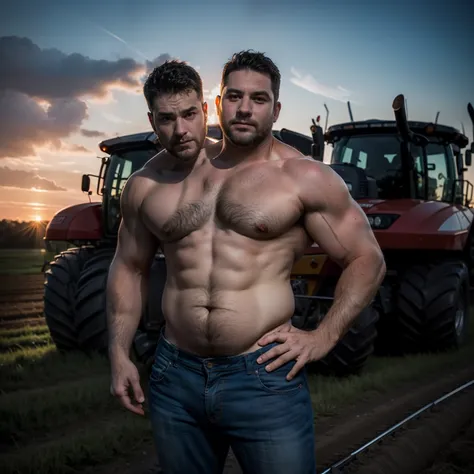 ((2heads)),1man,45 years old, fat,American, shirtless, jeans, chubby,wide torso,unathletic,beer in hand,dusk, farm and tractor in background, full body, looking into the horizon