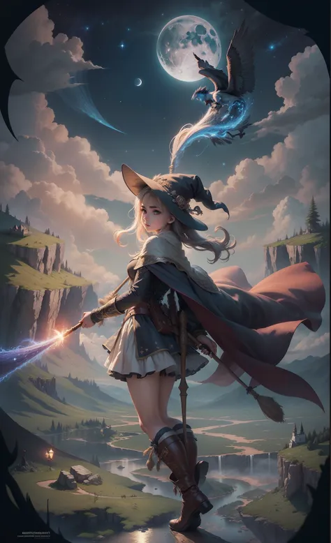 masterpiece, best quality, ultra-detailed, illustration, 1girl, solo, fantasy, flying, broom, night sky, outdoors, magic, spells, moon, stars, clouds, wind, hair, cape, hat, boots, broomstick, glowing, mysterious, enchanting, whimsical, playful, adventurou...