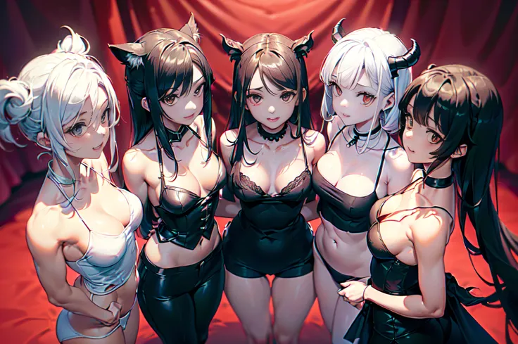 Vista delantera de cuerpo completo, (((Solo 3 chicas),
Physical appearance Cerberus: Elenco de Helltaker, A short demon girl with pale skin, iris rojos, una cola de punta de flecha negra, y cabello blanco plateado. Representado como 3 chicas en lugar de 1,...