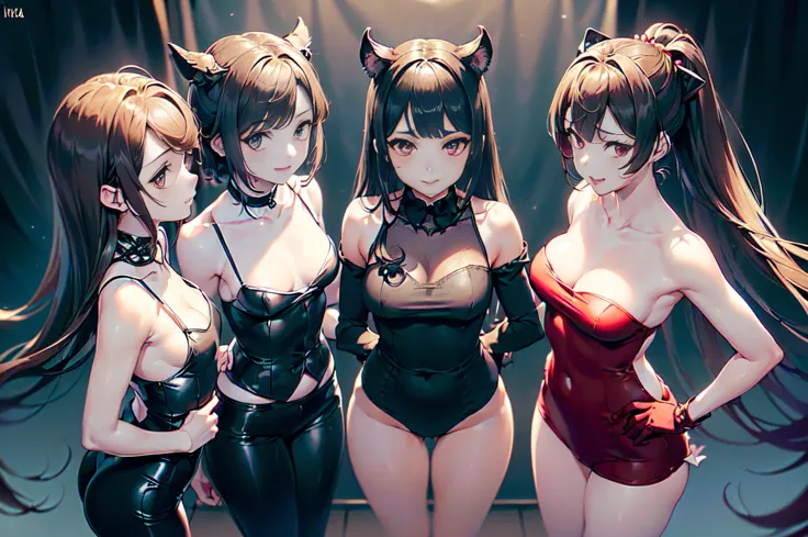 Vista delantera de cuerpo completo, (((Solo 3 chicas),
Physical appearance Cerberus: Elenco de Helltaker, A short demon girl with pale skin, iris rojos, una cola de punta de flecha negra, y cabello blanco plateado. Representado como 3 chicas en lugar de 1,...