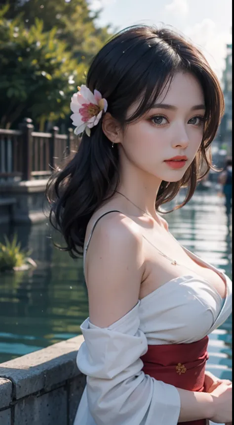 Unreal Engine:1.4,nffsw,best qualtiy:1.4, Photorealista:1.4, Skin texture:1.4, ​masterpiece:1.8,1girl in, breasts, Moon, lantern, Night, Solo, Large breasts, Hair Ornament, Wet, Kimono, komono, playing in the water, Water, Hair Flower, flower, Outdoors, sk...