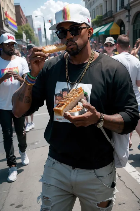 realistic, best quality, kanye west eating fish sticks at a pride parade.