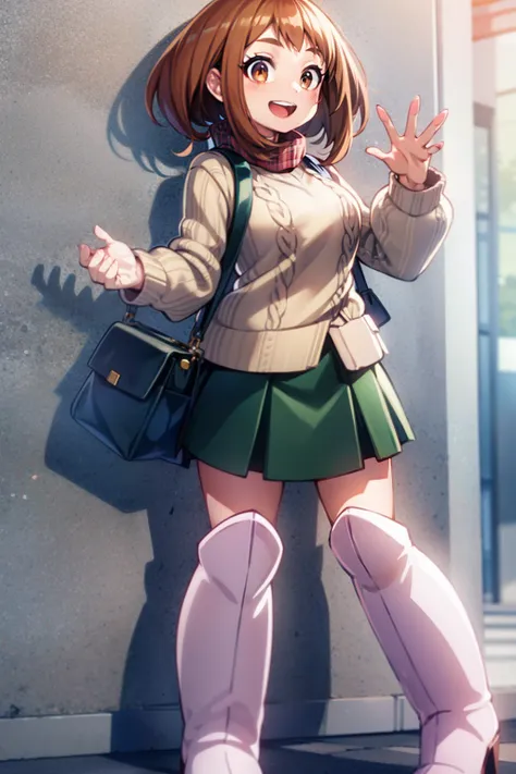 ochako, 1girl, solo, skirt, open mouth, bag, smile, full body, :d, green skirt, long sleeves, holding, plaid, looking at viewer,...