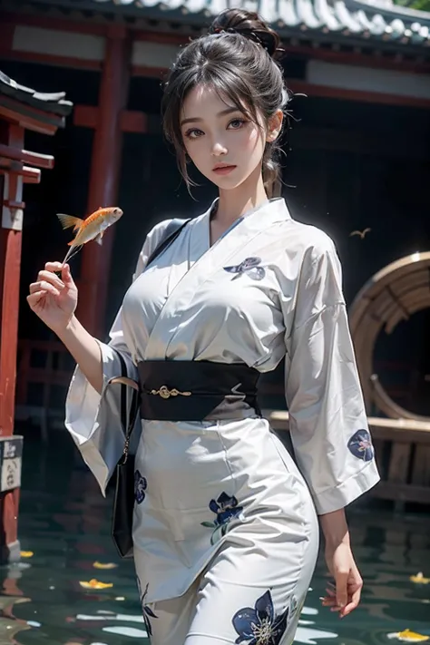 电影灯光，(((tmasterpiece))), ((best qualtiy)), ((intricate and detailed)), ((Ultra-realistic realism)), 4K,1beautiful woman, 25-years old, poneyTail,Ultra-fine yukata,beautiful countenance,Beautiful brown eyes,face perfect,A slender,large full breasts,having a...