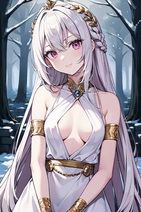 masterpiece, best quality, 16k, 1girl, solo, long hair, light hair, wavy hair, platinum hair, hair bangs, petite, (medium breasts:1.1), rating:safe, pink eyes, hair between eyes, evil smile, wearing a peplos, ancient greek dress, gold bracelets, arms behin...