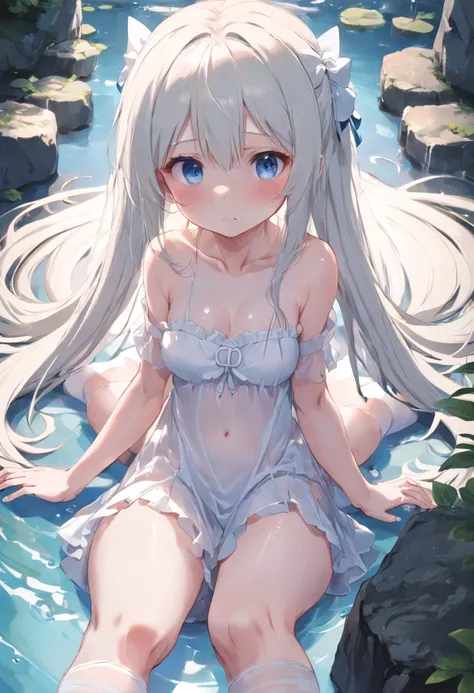 Cute loli，long whitr hair，Leaky shoulders，Barefoot，head looking up，Lie on the ground，Raise your feet，See-through dresses，White underwear panties，largeeyes，Anime cute face，Loli，Long white socks，Wet da，huge tit，Tethered，Eyes are confused，Very wide open mouth...