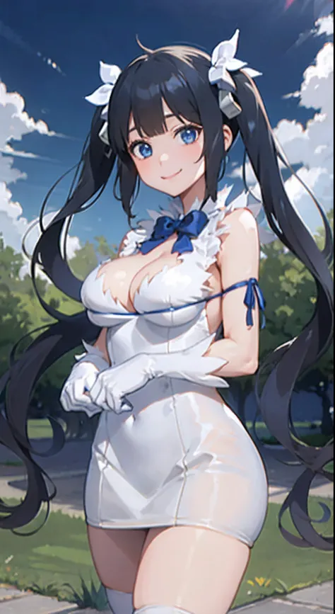 hestia,  1girl in, Solo, long_hair, up looking_で_viewer, Blue_Eyes, Black_hair, hair_ornament detached, Bow, bow ribbon, cleavage, Twin-tailed, Closed_Mouth, hair_bow ribbon, Blue_bow ribbon, cowboy  shot、A smile、lawn、White skirt