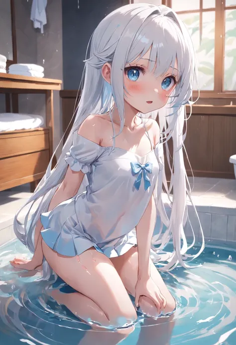 The best picture quality, The best lighting effects,With blue eyes,Stobasa(silber hair:1.3+whaite hair), In the bathroom, Petite slender legs,Short white skirt,Splash water,Fresh face,Pure and lovely，Cute loli，long whitr hair，Leaky shoulders，Barefoot，head ...