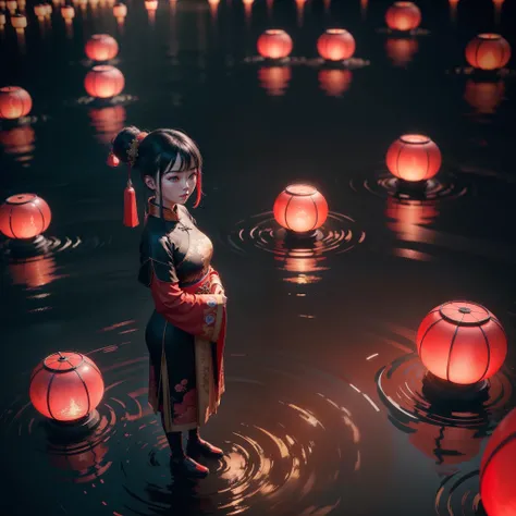 A Chinese woman standing on top of water with red lamps floating in the sky, night time the red lamps shining light in the scene, with iridescent light, highly detailed images, vibrant beautiful colours, photorealistic image, 8k, ultra HD, unreal engine re...