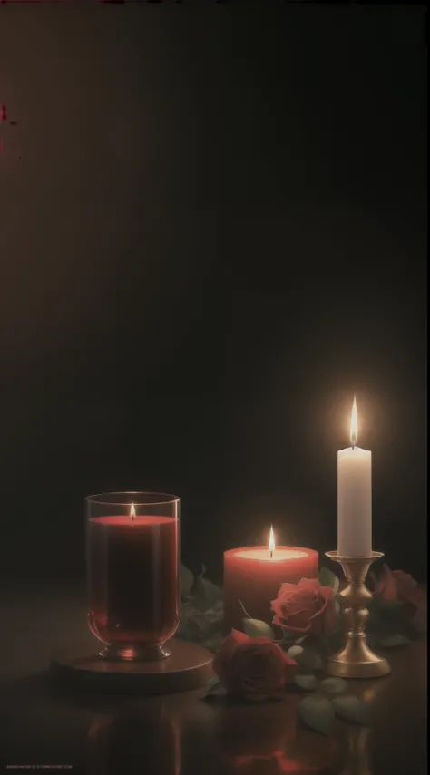 Original, (Illustration: 1.1), (Best Quality), (Masterpiece: 1.1), (CG Unity 8K Wallpapers Extremely Detailed), (One Color: 1.2), Realistic Photo: Red Candle, Simple Candlestick Holder, Red Roses, Cinematic Movie-Like Image