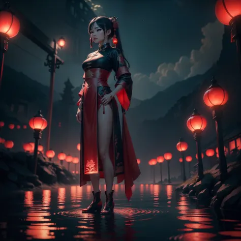 A Chinese woman standing on top of water with red lamps floating in the sky, night time the red lamps shining light in the scene, with iridescent light, highly detailed images, vibrant beautiful colours, photorealistic image, 8k, ultra HD, unreal engine re...