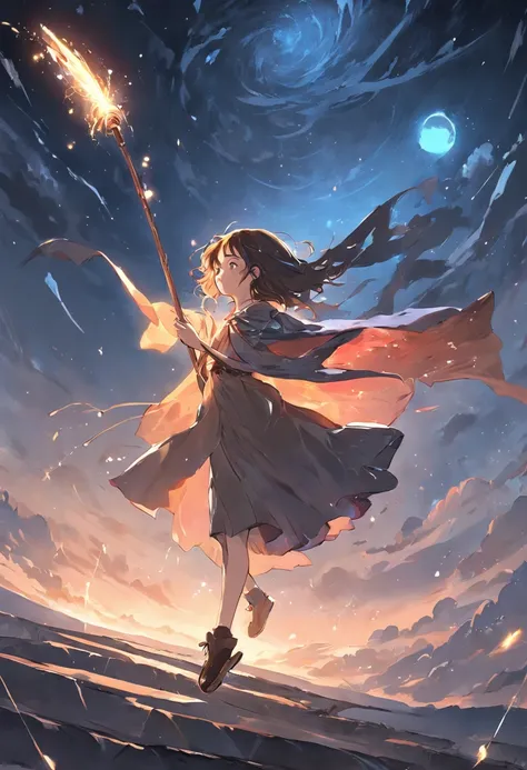 masterpiece, best quality, ultra-detailed, illustration, 1girl, solo, fantasy, flying, broom, night sky, outdoors, magic, spells, moon, stars, clouds, wind, hair, cape, hat, boots, broomstick, glowing, mysterious, enchanting, whimsical, playful, adventurou...