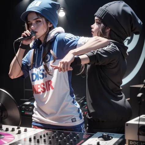 Dj usando toca discos, mixer e fone de ouvido, vestido com roupa esporte e gorro