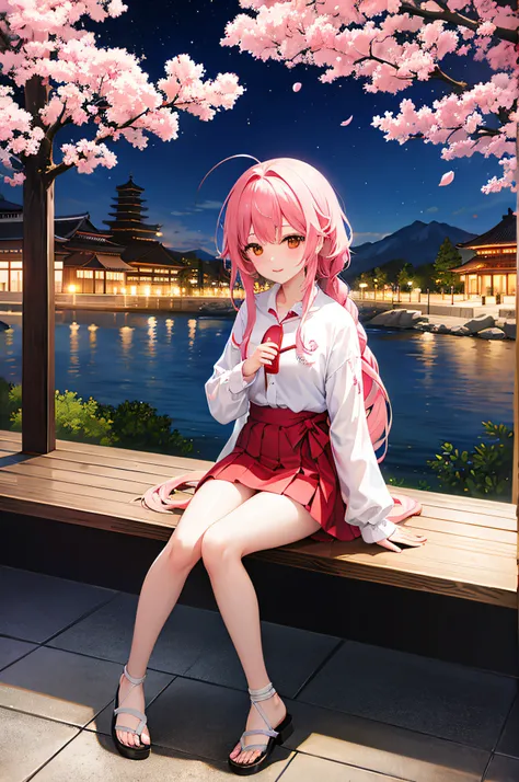 octans, Skysky, stele(Skysky), landscapes, starrysky, natta, 1girl in, nigh sky, 独奏, plein air, built, ​​clouds, milkyway, sitting on, The tree, length hair, 城市, silhuette, Cityscape、cherry trees、flower petals、cherryblossom、Sakura blizzard、