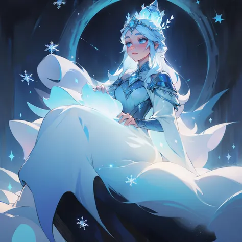 (painting) "Princess of Winter" with a magical aura, glowing ice crystals, a majestic crown, flowing silver hair, exquisite gown adorned with snowflakes, a serene expression, and a wintry landscape in the background.