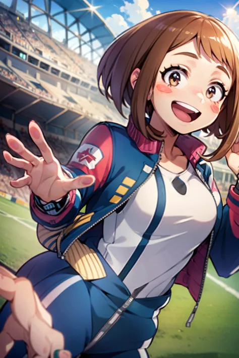 ochaco_uraraka, 1girl, smile, solo, open_mouth, blush_stickers, blush, jacket, stadium, teeth, track_jacket, :d, breasts, facing...