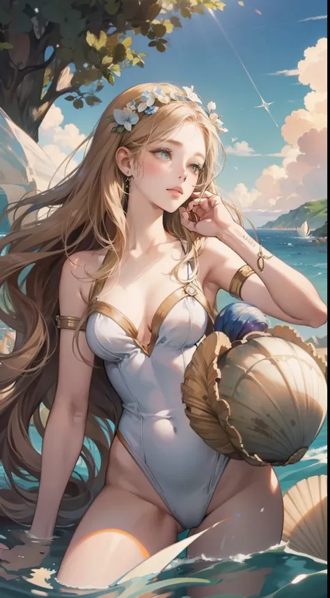 Simeon Solomon　animesque　surreal　wondrous　strange　Whimsical　Sci-Fi Fantasy　The Birth of Venus　Goddess Venus、Scene born from the sea as a mature adult woman　Venus born from the sea and on a shell