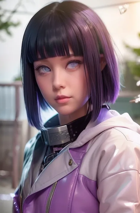 Hinata hyuga A woman was standing in the yard. He looked like he was wearing a gray suit. With a silver purple leather jacket. She had short blue hair with bangs in front. White as snow. And rosy cheeks. And a tiny pink lip. He looked into the camera. So p...