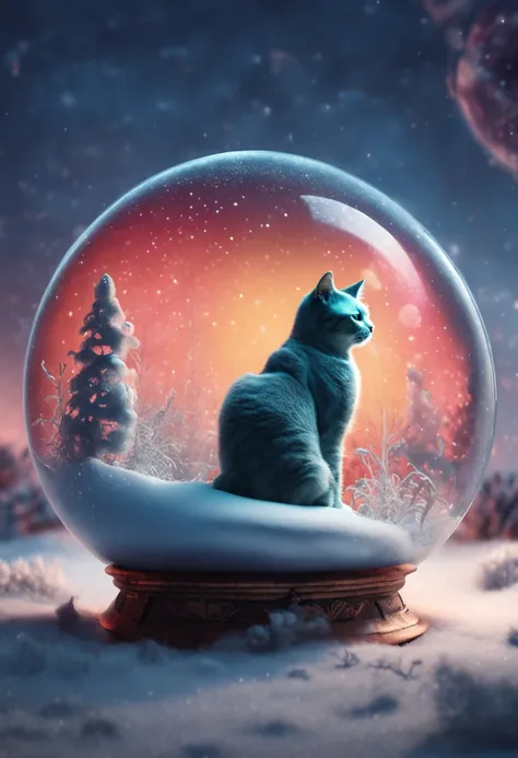 Giant cat playing with a snow globe with a person inside, mysterious landscape from another planet