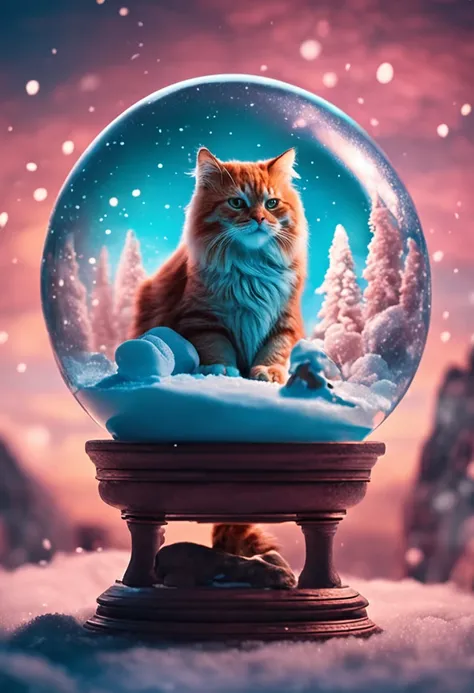 Giant cat playing with a snow globe with a person inside, mysterious landscape from another planet