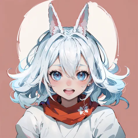 (masutepiece:1.2), (Best Quality:1.3), absurderes,  1girll,Smile, hair_ornamented, Rabbit_ear,  Bare_shoulder, tail,head portrait，Anime style，Open mouth，Head，Cute face，Detailed eyes