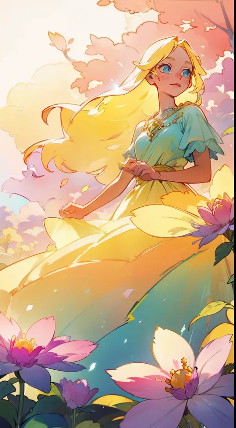 "Princess of summer in a vibrant, ethereal landscape with cascading flowers and golden sunlight."