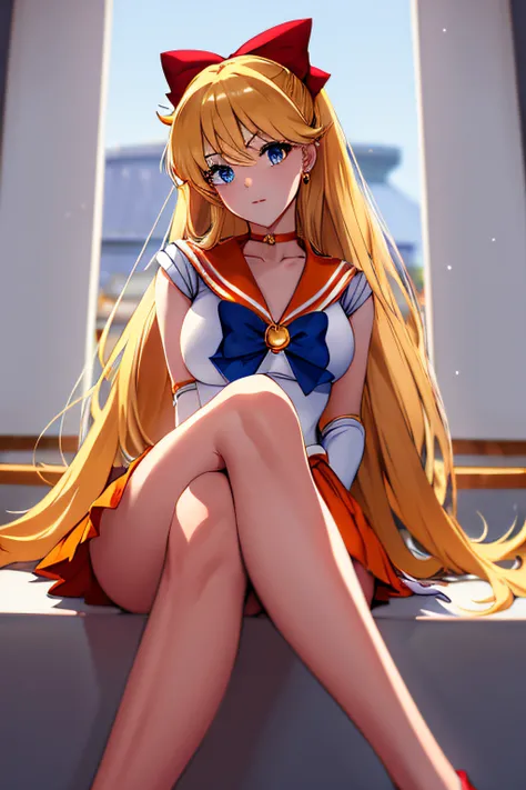 masterpiece, best quality, highres, venus1, 1girl, solo, sailor senshi uniform, sailor venus, aino minako, blonde hair, magical girl, blue eyes, orange skirt, elbow gloves, tiara, pleated skirt, hair bow, orange sailor collar, miniskirt, choker, red bow, o...