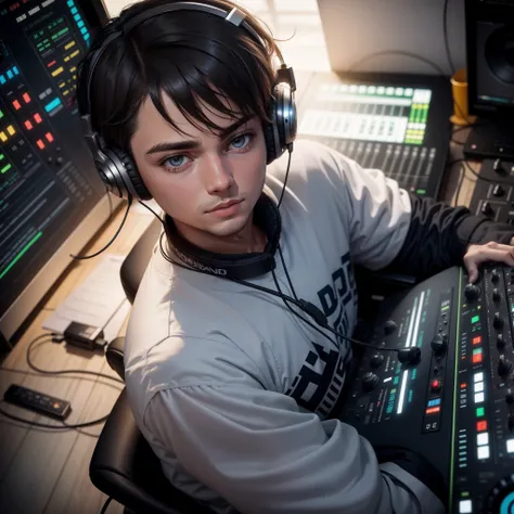 DJ wearing headset sitting in the studio in front of the notebook