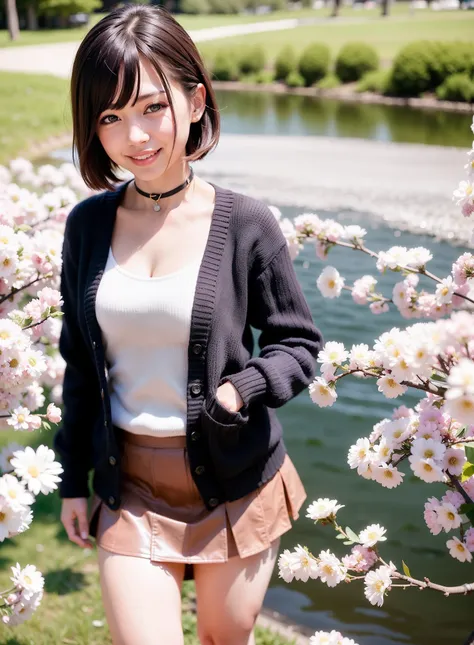 (realistic:1.4), best quality, ultra high res, 
4k, instagram,higly detailed,
(cardigan: 1.5), plated skirt,
bangs,smile,
at the lake park, cherry blossom,
virtualgirl-rin,
 small breasta,bob hair, short hair,brown hair, brown eyes, black choker,