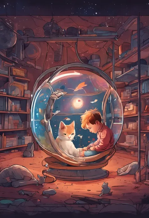 Young painter sitting inside a giant cage, landscape from another planet, cat playing with a snow globe, birds flying inside the globe