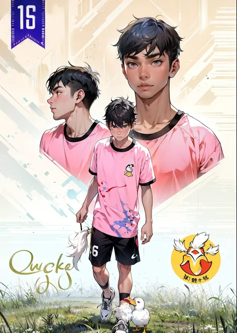 A boy, duck hybrid, messy long white hair, with yellow locks, confused expression, white shirt and shorts, duck feathers and ducktail