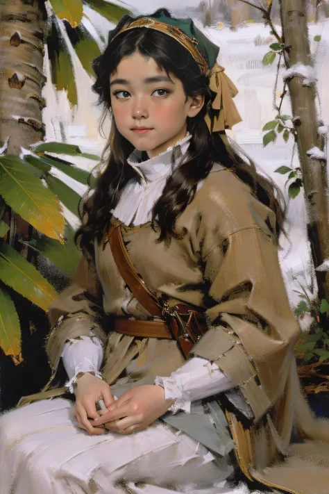 Oil paints，acrycle painting，tmasterpiece，Renaissance style，snowfield，Teenage girl in winter clothes，Reddened complexion，Behind is a pine jungle，best qualtiy，4K Ultra HD, 超高分辨率, (Photorealistic: 1.4), Best quality，Masterpiece，Utra dilution，（pastel colour：1....