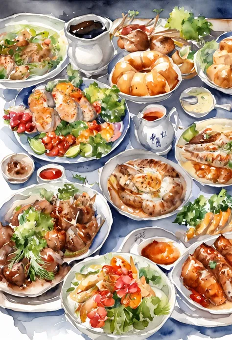 There were a lot of people standing around a table with food and drinks, Group photo of 12 people, Handsome, dinner is served, Family dinner, feast, everyone having fun, yiqiang and shurakrgt, Long table, anime party of friend of wisdom, delicacy